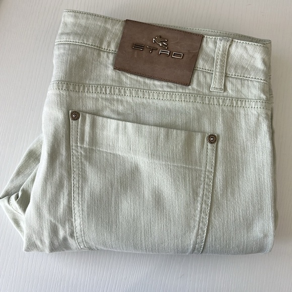 Etro Cotton Mint Branded Leather Straight Leg Denim Jeans - Picture 13 of 14